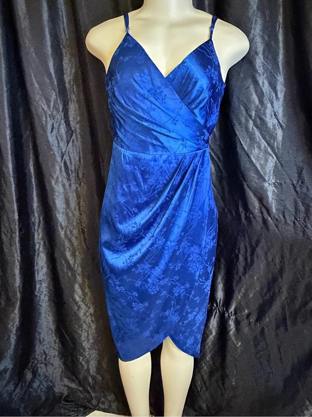 Lulus Gorgeous Dream Royal Blue Satin Floral Jacquard Midi Wrap Dress Small